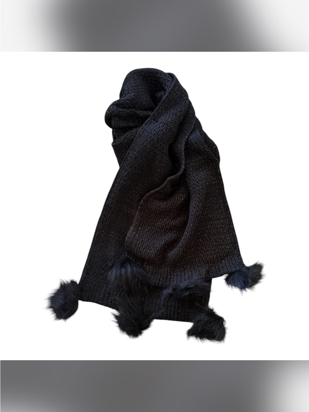 NWT Adrienne Landau Black Wool Blend Scarf w/ Faux Fur Poms